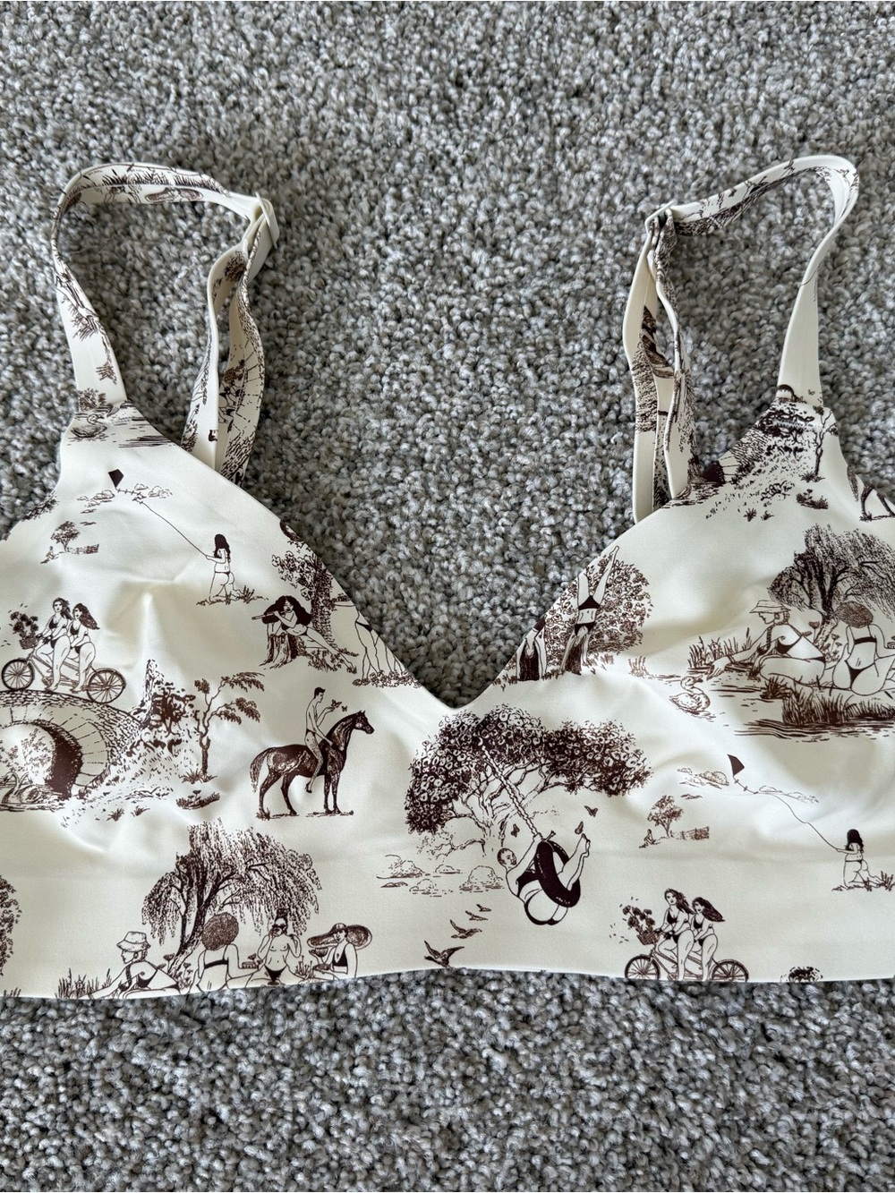 Cream Toile Wireless Bralette with Brown Scenic Print